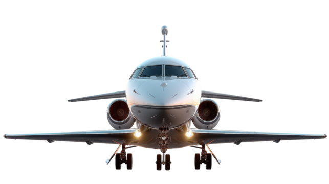 Modern Private Jet Landing on a Clear Day at an Airport With Bright Lights Illuminating the Front Nose