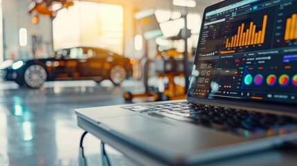 Open laptop displaying business analytics and data on screen in modern vehicle repair shop