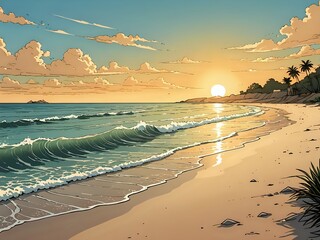 A tranquil beach scene at sunrise, with gentle waves, golden sunlight, and a peaceful atmosphere, comic art 