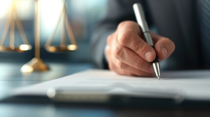 Lawyer signing contract document with scales of justice in background