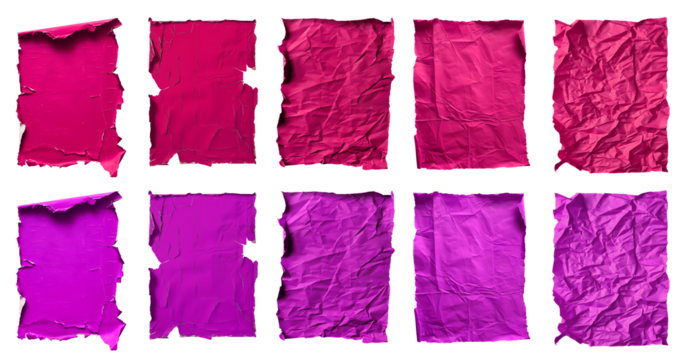 Collection set of magenta purple pink crushed wrinkle scrunch torn rectangle A4 paper, old tear crumple rip edges on transparent cutout, PNG. Many different design. Mockup template artwork graphic