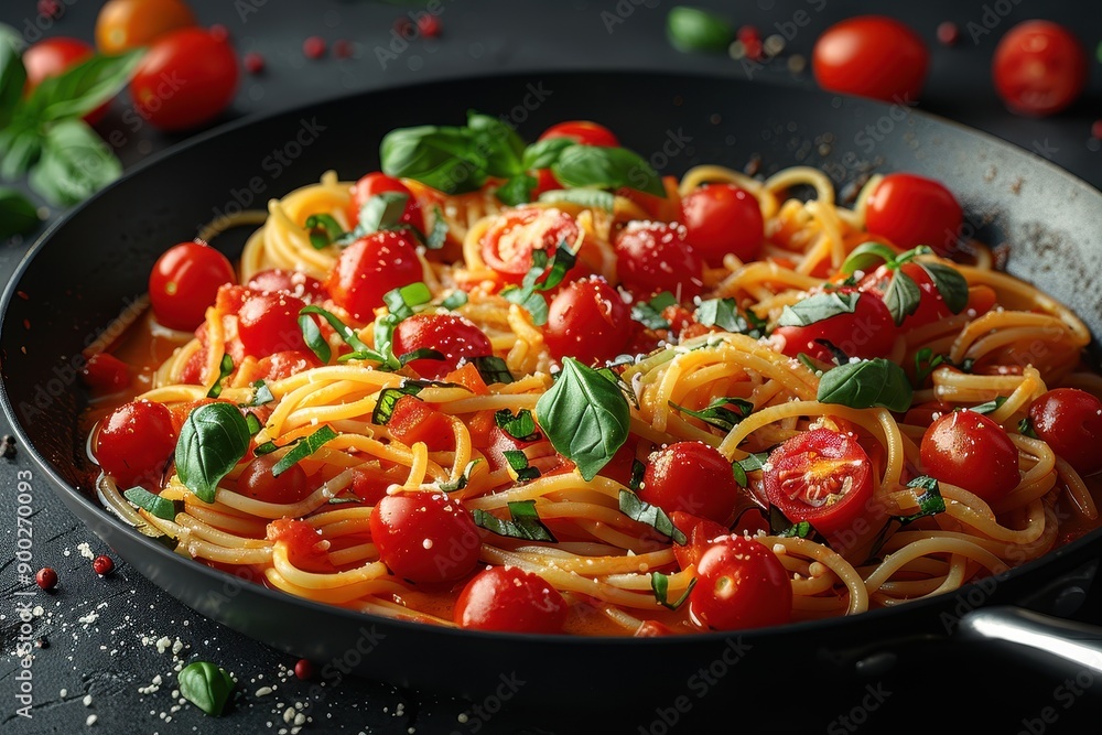 Poster tomatoes and basil pasta on pan