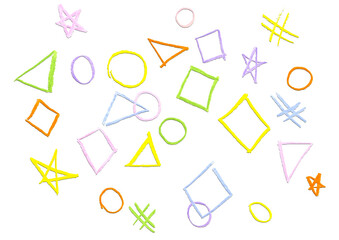 Painted doodles isolated for abstract background or colorful geometric pattern and children's wallpaper with triangles, circles, rectangles, stars