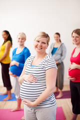 Pregnancy, yoga and portrait of woman in class for prenatal exercise, development and self care....