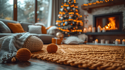 Stylish interior of living room with fireplace decorated Christmas tree