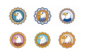 Bald Eagle’s logo set, labeled kawaii vector design illustration.