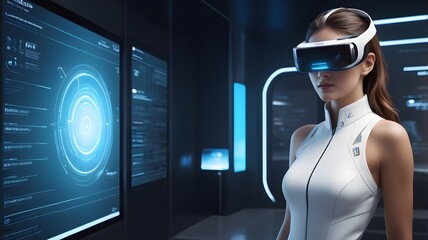 A futuristic scene of a person wearing an augmented reality headset, interacting with virtual AI assistants in a sleek, modern room