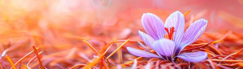 Fototapeta premium A delicate purple flower blooms amidst warm autumn tones, showcasing nature's beauty in a serene environment.