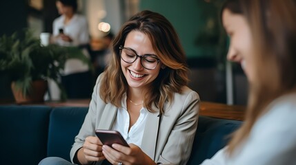A woman is smiling , sitting on the couch and enjoying a conversation in a relaxed atmosphere.