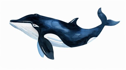 Fototapeta premium A vivid, handdrawn watercolor bowhead whale illustration set on a clean white background, showcasing this majestic marine mammal.