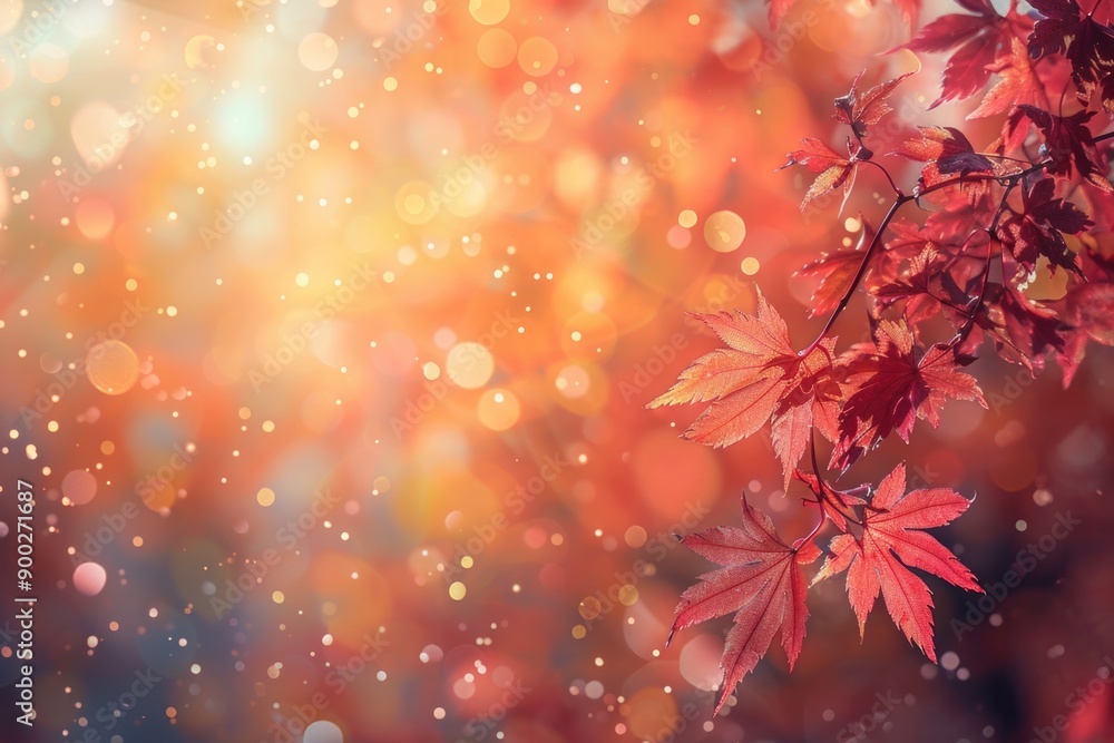 Poster a close-up shot of a tree branch with vibrant red leaves against a blurred background