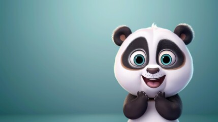 Naklejka premium A playful baby panda grins joyfully, captured in a charming 3D illustration that pops against a clean, white backdrop.
