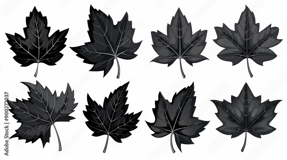 Poster stylish and simple maple leaf icons set in black, perfect for various design projects on a clean whi
