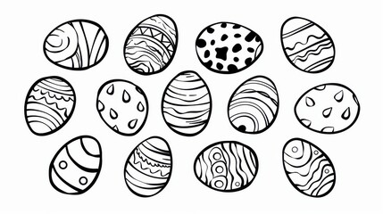 A fun and vibrant collection of handdrawn Easter eggs, featuring whimsical kids painting colorful designs against a white backdrop.