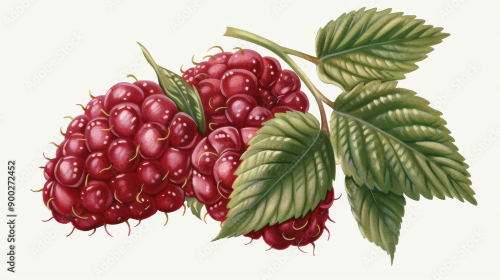 Sticker Vibrant raspberry on clean backdrop, showcasing its rich color and texture in a vintage botanical illustration style.