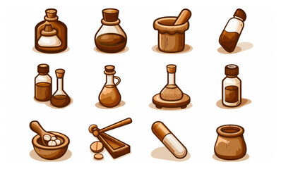 A set of detailed icons representing medical drug production machinery and equipment in a sleek black outline style.