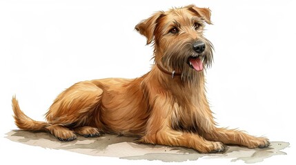 A beautiful watercolor of an Irish Wolfhound, capturing its grace and strength against a pure white background.