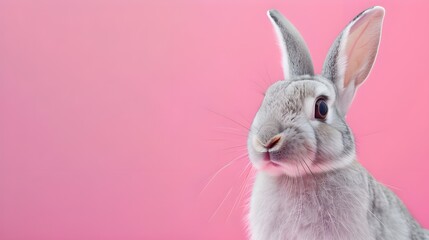 Cute Gray Rabbit on Pink Background