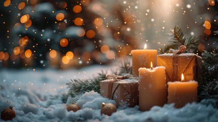 Christmas and New Year holidays background. Christmas tree, gifts and candles on the snow