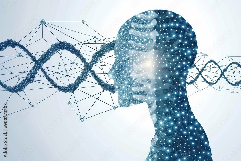 Poster human profiles with dna strand connecting neural networks and cognitive function