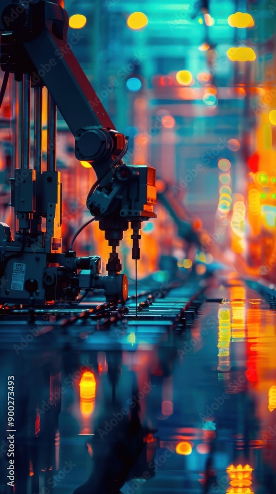Poster a vibrant industrial scene showcasing robotic automation and mesmerizing light reflections in a mode