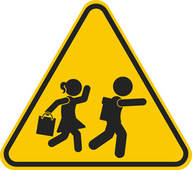 Isolated Slow Speed, School Zone Safety sign. boy, girls, student and Bus, kids at play in yellow triangle sign