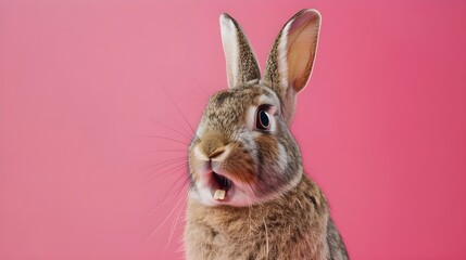 Obraz premium Cute bunny with open mouth on pink background