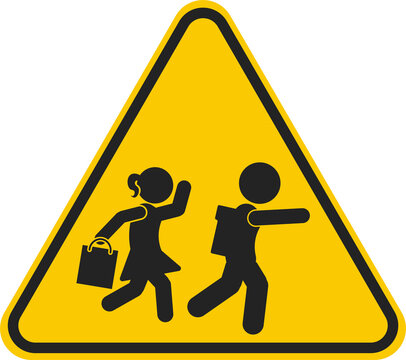 Isolated Slow Speed, School Zone Safety sign. boy, girls, student and Bus, kids at play in yellow triangle sign