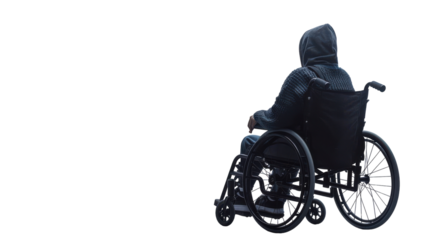 Individual in Wheelchair Wearing Hoodie, Facing Away, Against Light Background in Neutral Setting