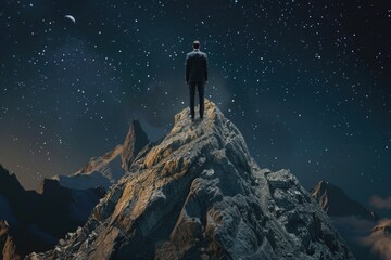 A person standing on the summit of a mountain under the stars, with a calm and serene atmosphere