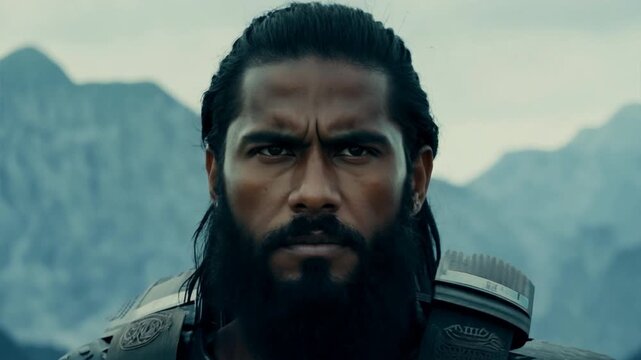 Portrait of a warrior standing tall against a dramatic natural backdrop, perhaps mountains or a battlefield.
