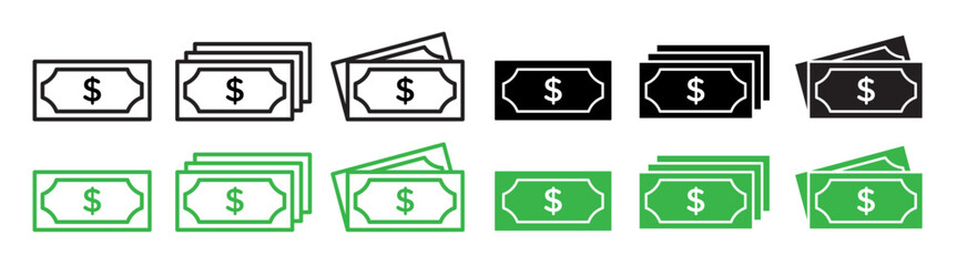 Bank Note icon set. Dollar money vector symbol. Banknote stack sign in black and green color