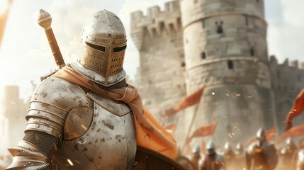 Medieval knight in full armor standing before a grand castle, with banners flying in the background, symbolizing historical warfare.