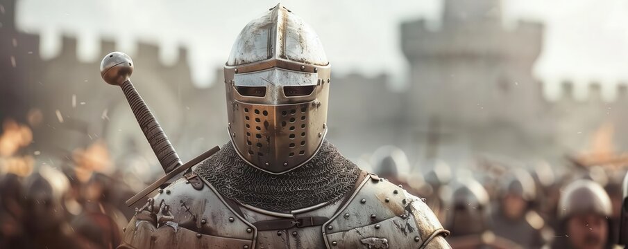 Medieval knight in full armor standing before a castle with a sword, symbolizing strength, courage, and battles of historical times.