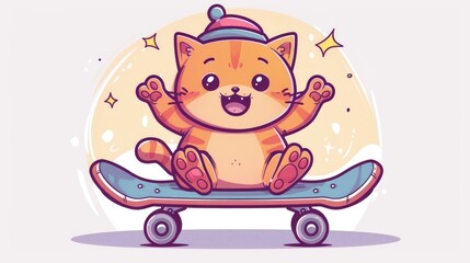 Fototapeta premium Cute cat Playing Skateboard animal kawaii chibi character mascot