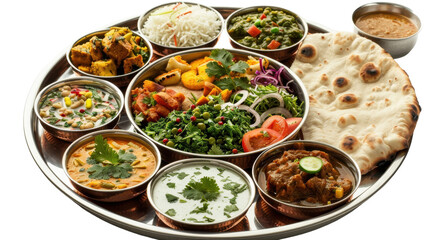 Traditional Indian Thali Filled With Various Dishes Served On A Metal Platter At A Family Gathering...