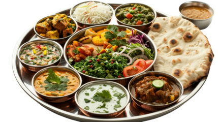 Traditional Indian Thali Filled With Various Dishes Served On A Metal Platter At A Family Gathering During Dinner Time