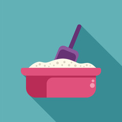 Pink litter box full of fresh, absorbent clumping cat litter and a purple scoop