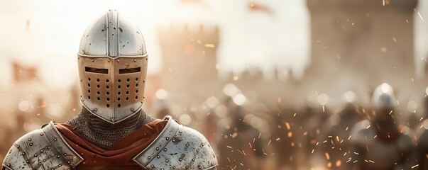 Medieval knight in shining armor stands against a blurred backdrop of a historic battlefield, evoking the grandeur of ancient times.