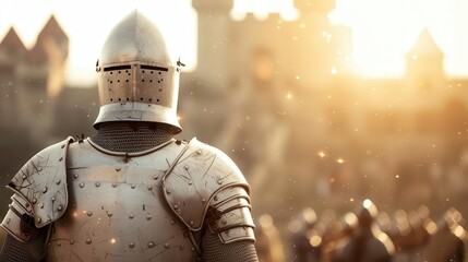 Medieval knight in shining armor stands in sunlight, gazing at a distant castle. A historical reenactment scene with epic ambiance.