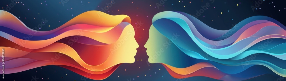 Poster vibrant and artistic representation of two faces merging with colorful waves, symbolizing connection