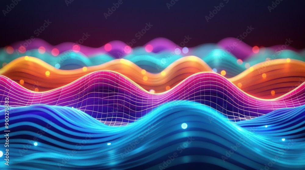 Poster vibrant wave patterns in neon colors create a mesmerizing digital landscape, perfect for backgrounds