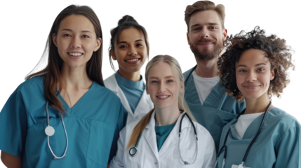 Diverse Group of Healthcare Professionals Smiling Together in Medical Scrubs at Daytime