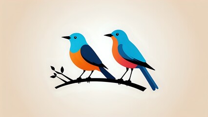 Fototapeta premium Two colorful birds perched on a branch, minimalist style.