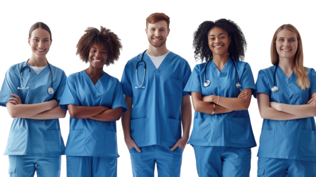 Dedicated Healthcare Professionals Posing Together in Scrubs During Daytime in a Brightly Lit Environment