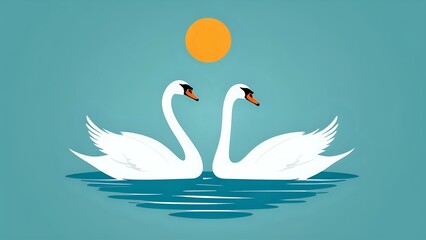 Naklejka premium Two white swans on a blue lake with a yellow sun above.