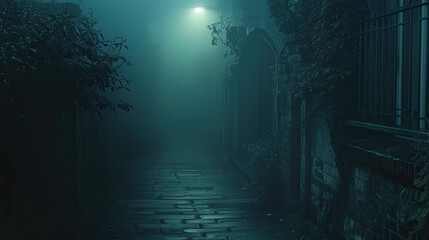 A mysterious alley shrouded in fog, illuminated by a solitary streetlight, creating an eerie and atmospheric scene.