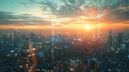 Fototapeta premium A stunning sunset view over a futuristic city skyline, with vibrant colors and digital effects creating an awe-inspiring atmosphere.