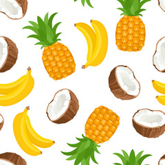 Tropical fruit seamless pattern. Vector cartoon flat background with coconut, pineapple and banana.