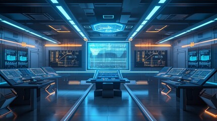 A futuristic control room with interactive consoles and a central holographic projection unit for managing urban smart grid systems.